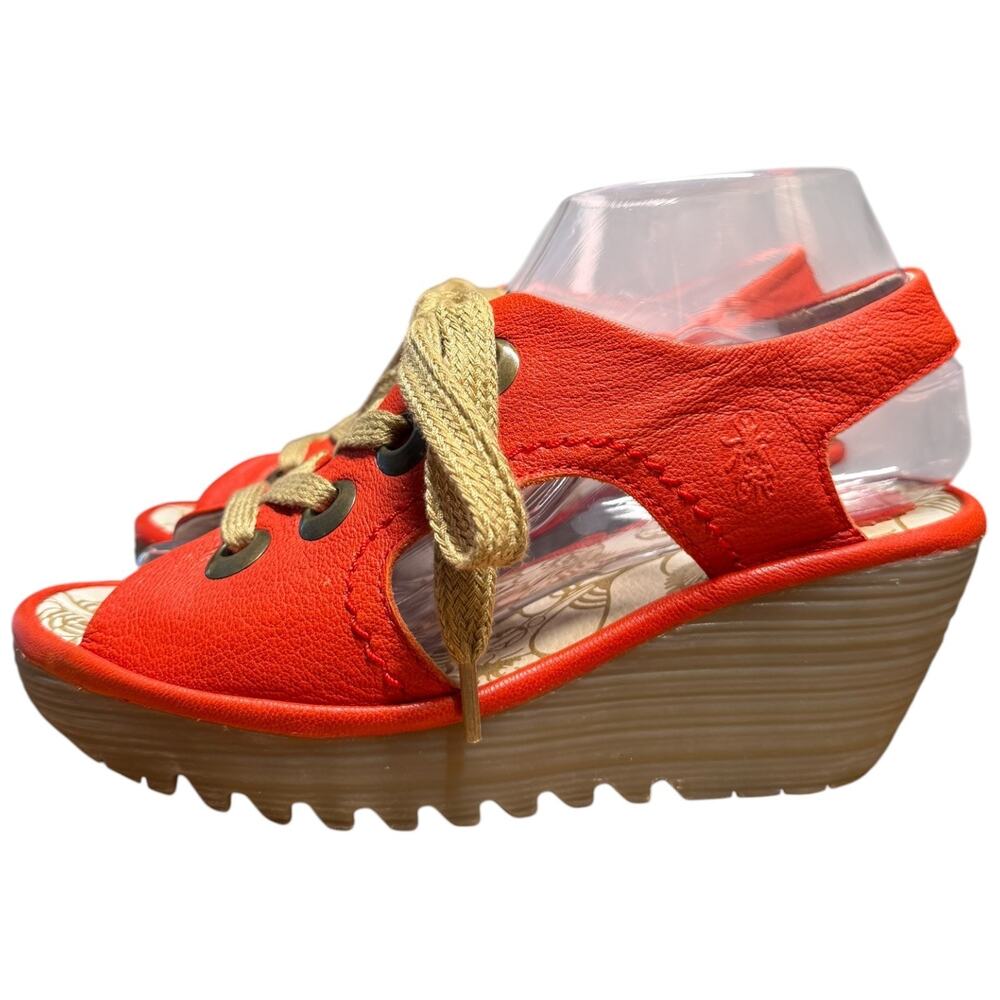 FLY LONDON Yifa Women's 37/US 6.5 Orange Leather Wedge Sandals Lace Up Comfort - Picture 2 of 15